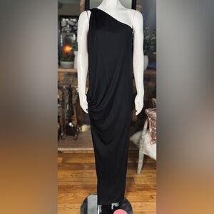 Boudicca Black One Shoulder Backless Open Side Leather Trim Maxi Dress, Sz 6